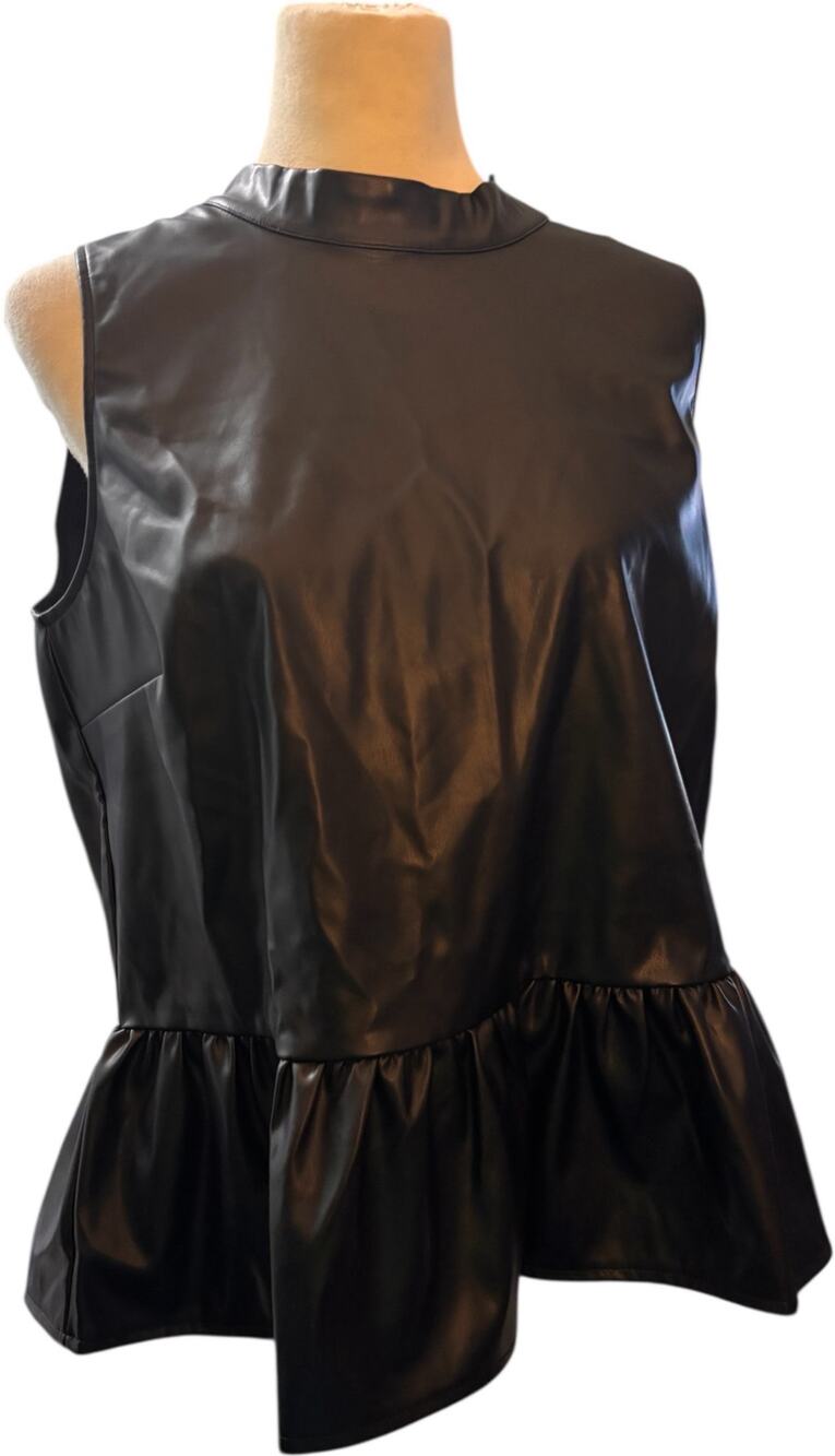 First Love By Lovelyn Black Faux Leather Sleeveless Peplum Top, Women's Plus 1X